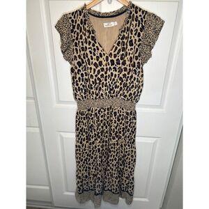 Vineyard Vines Leopard Smocked Waist Midi Dress Women's Large Ruffle Cap Sleeve